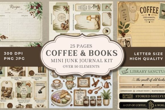 Download Vintage Coffee &amp; Books Junk Journal Kit - Kit Collection