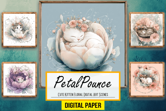 Download Cute Kitten Floral Digital Artwork Scene - Kit Collection