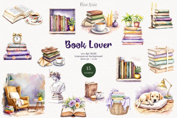 Download Watercolor Book Lover Elements, Bookworm - Premium Resources