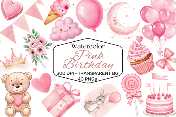 Download Watercolor Pink Birthday Graphics Kit - Kit Collection