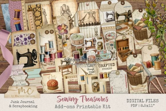 Download Sewing Treasures Junk Journal Add-on Kit - Premium Resources